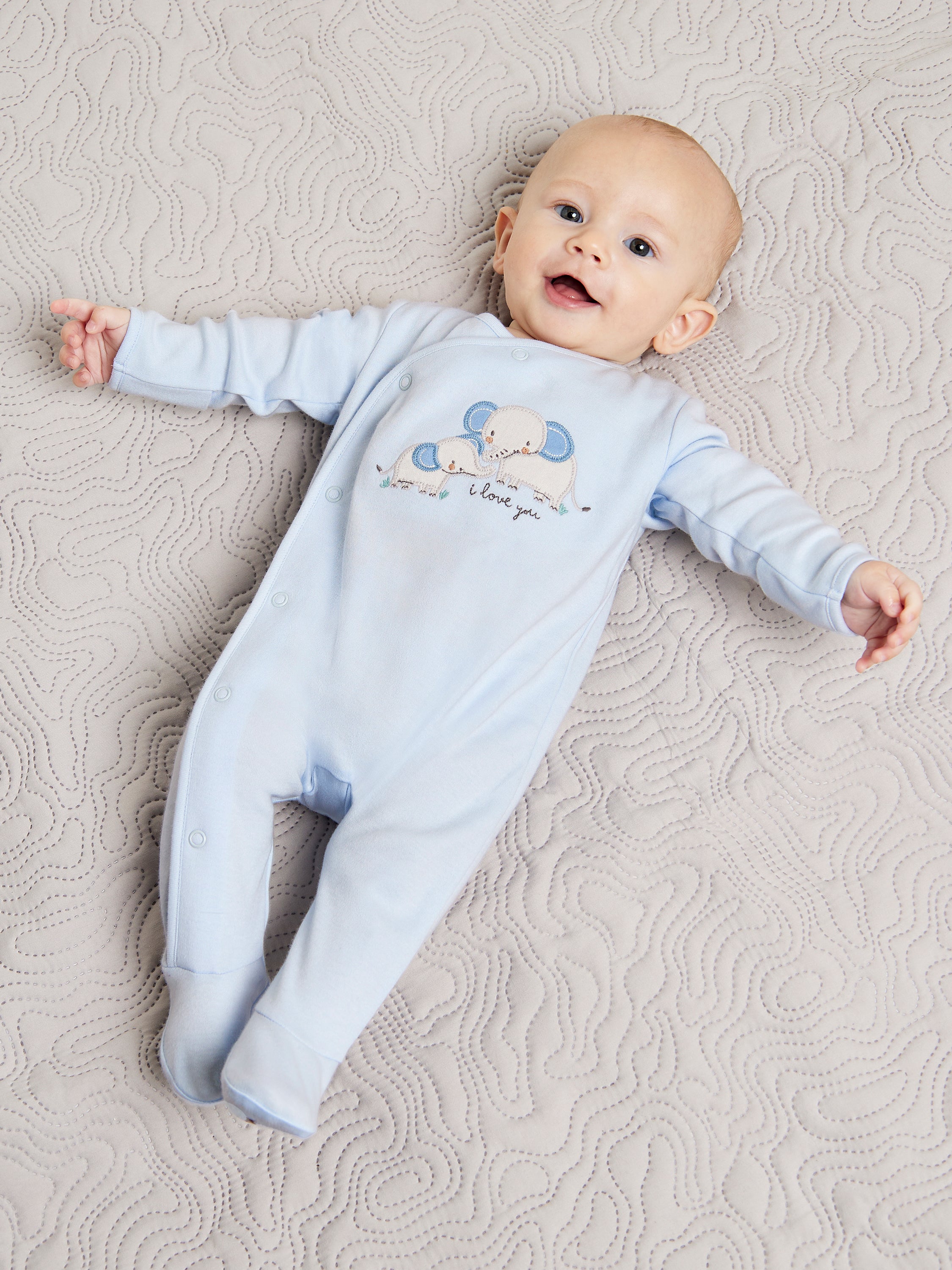Baby Boys Elephant Embroidered Sleepsuit, Blue