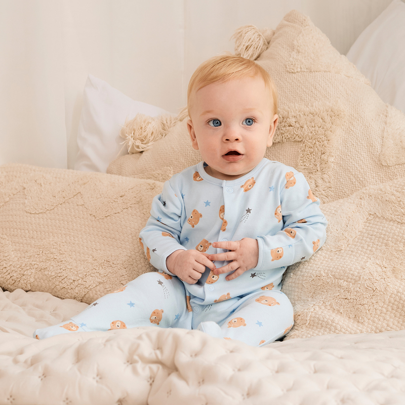 Teddy-Print Sleepsuit (Blue & Grey), 2Pack