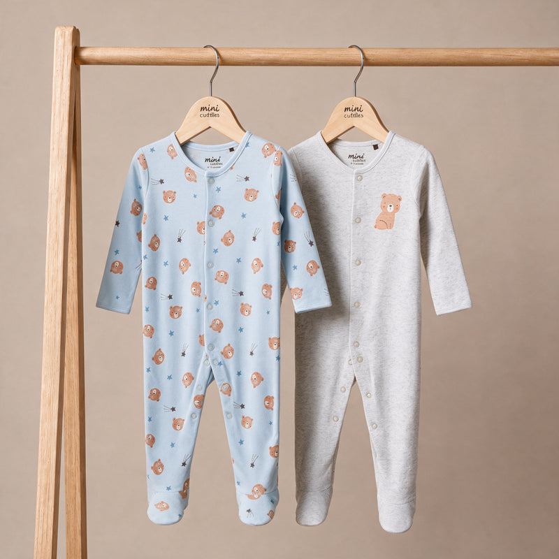 Teddy-Print Sleepsuit (Blue & Grey), 2Pack