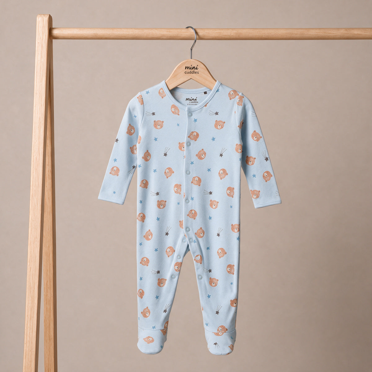 Teddy-Print Sleepsuit (Blue & Grey), 2Pack