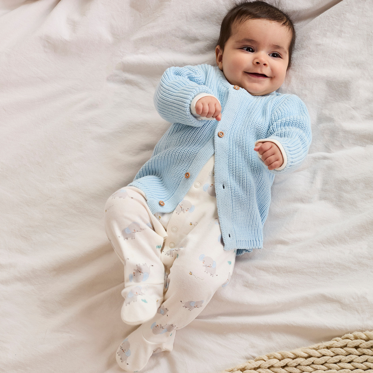 Elephant-Print Gift Set with Cardigan (Blue & White), 5-Piece