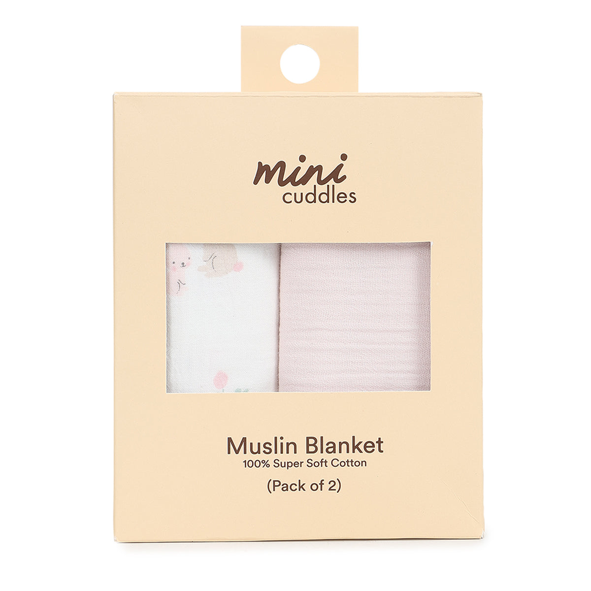 Baby Girls 2pk Solid & Rabbit Printed Muslins, Multicolour