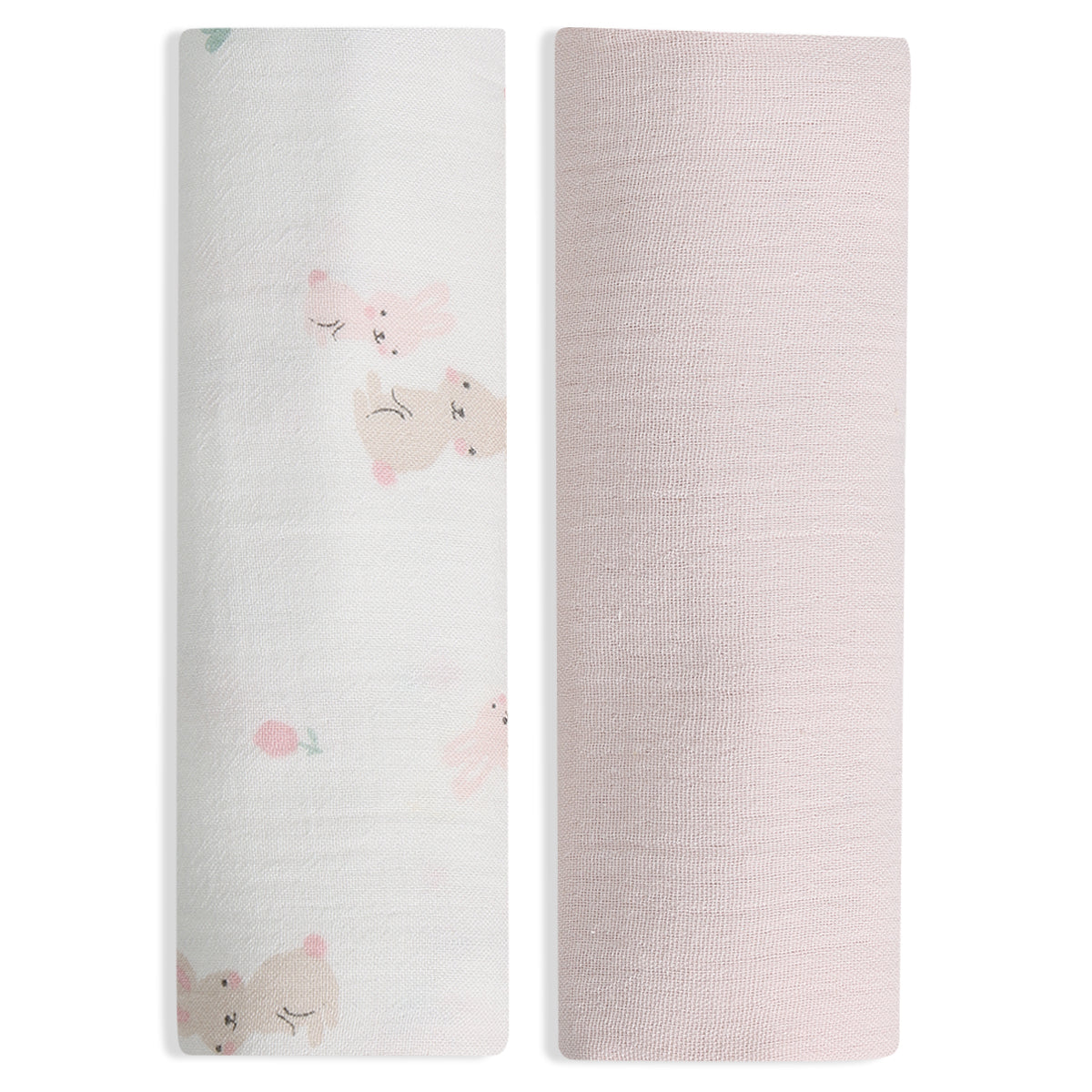 Baby Girls 2pk Solid & Rabbit Printed Muslins, Multicolour
