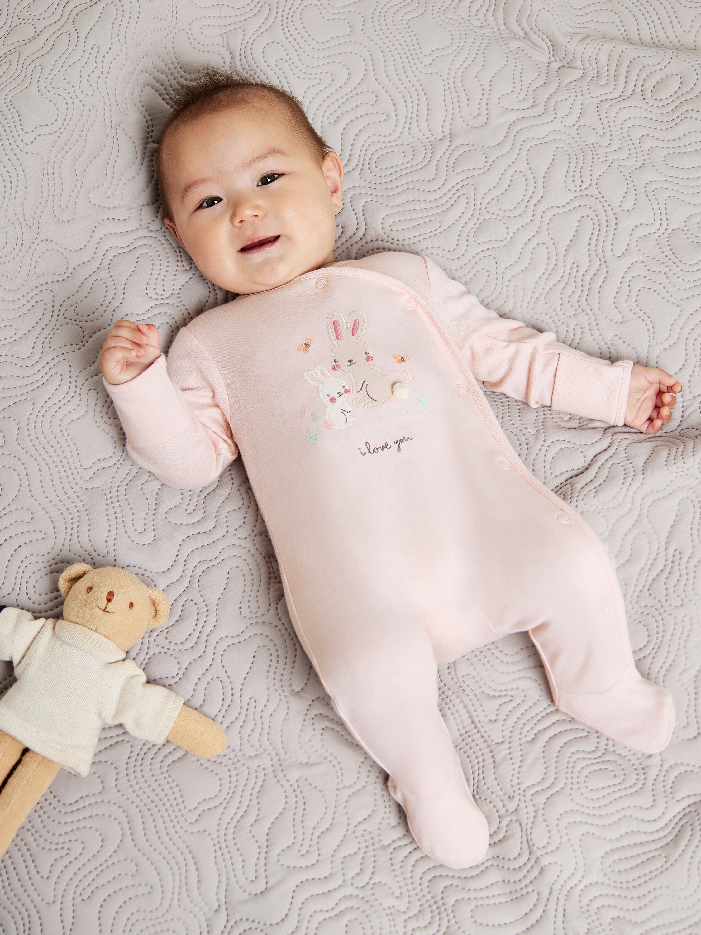 Baby Girls Rabbit Embroidered Sleepsuit, Pink
