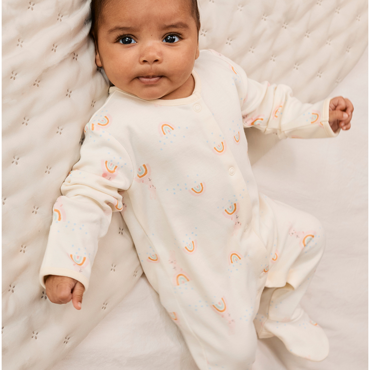 Bunny & Rainbow-Print Sleepsuits (Cream & Pink), 2 Pack