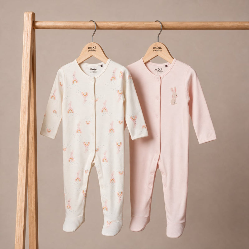 Bunny & Rainbow-Print Sleepsuits (Cream & Pink), 2 Pack