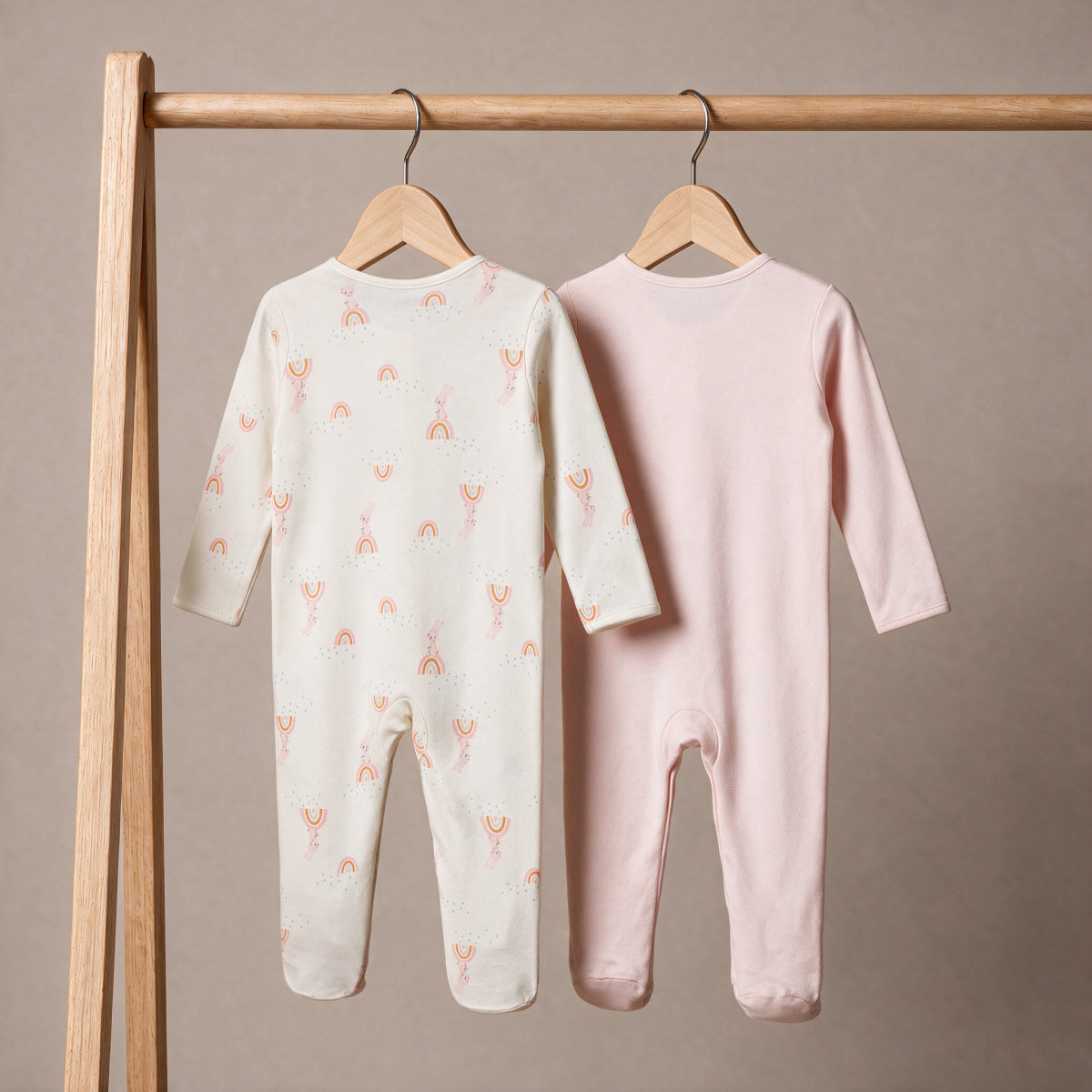 Bunny & Rainbow-Print Sleepsuits (Cream & Pink), 2 Pack