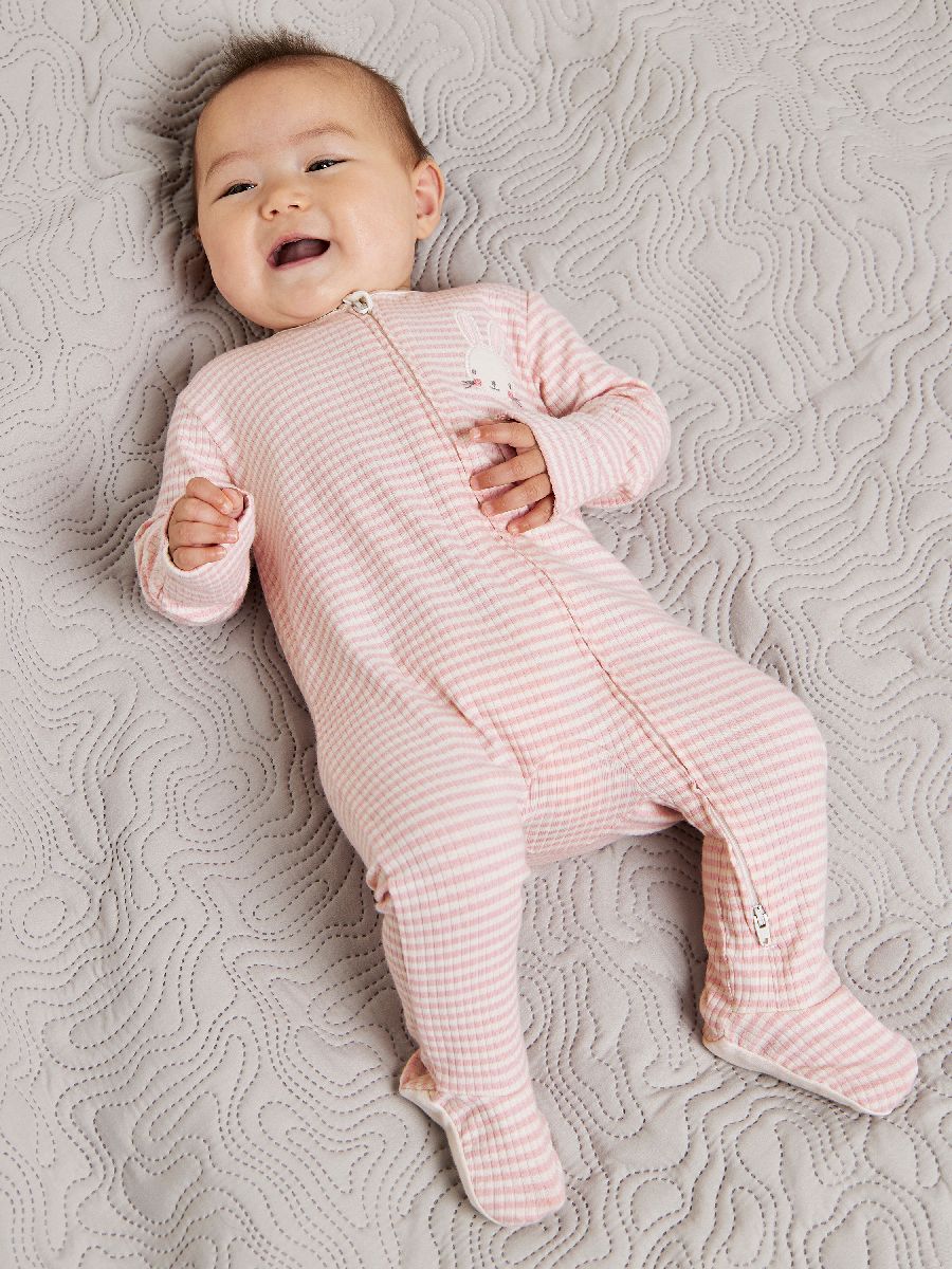 Baby Girls Striped Sleepsuit, Pink