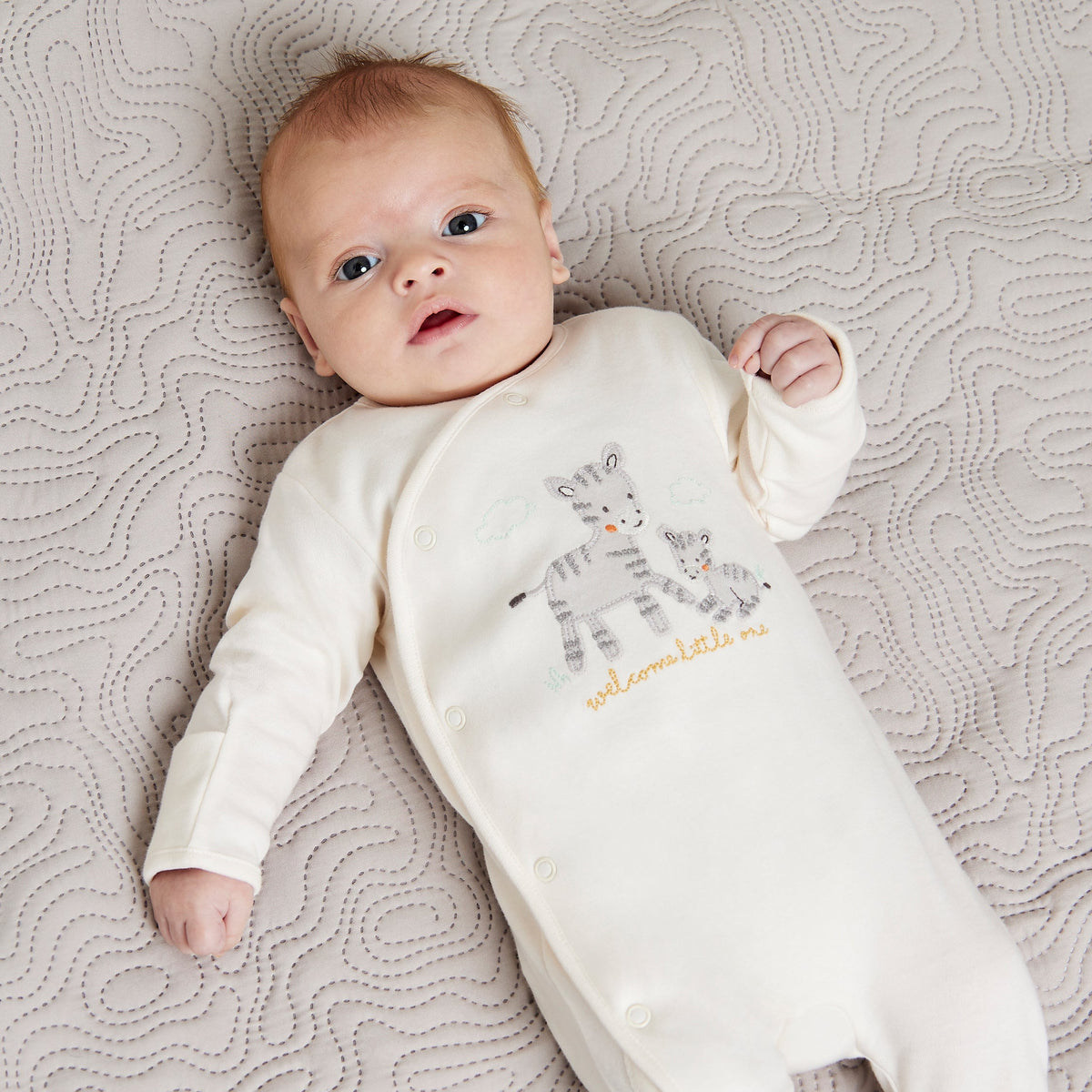 Zebra-Embroidered Sleepsuit (Cream)