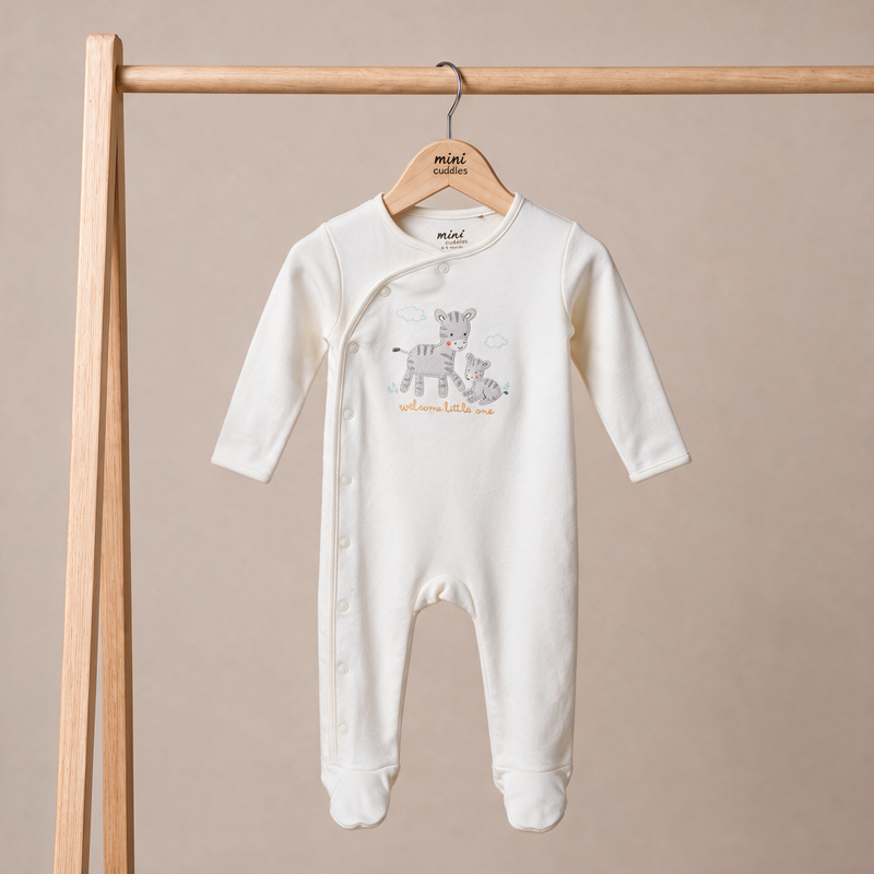 Zebra-Embroidered Sleepsuit (Cream)