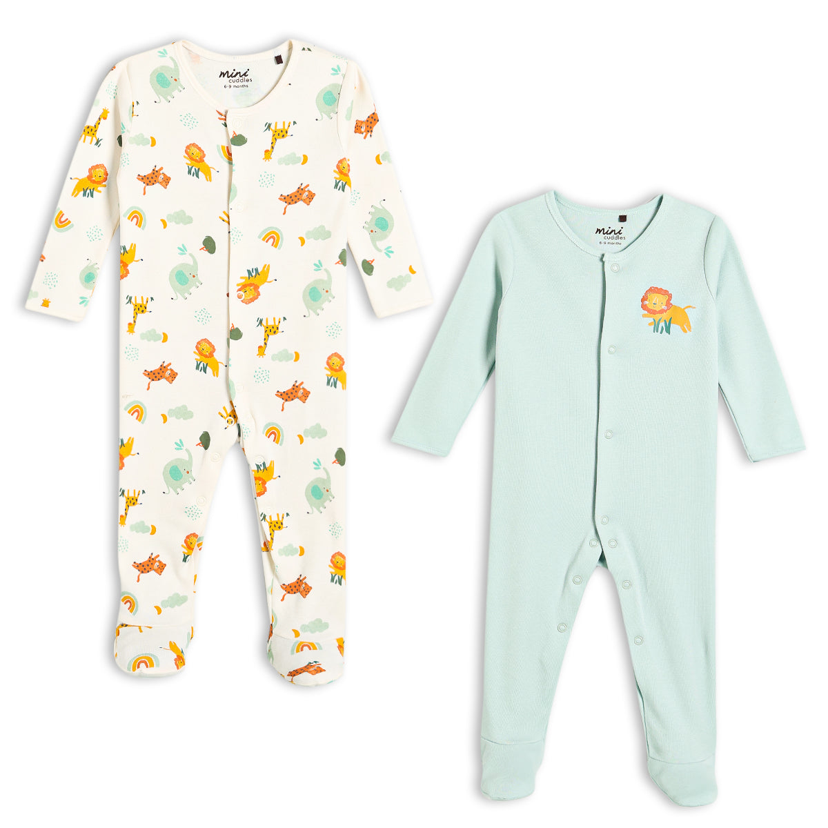 Baby Unisex 2pk Animal Printed Sleepsuits, Multicolour