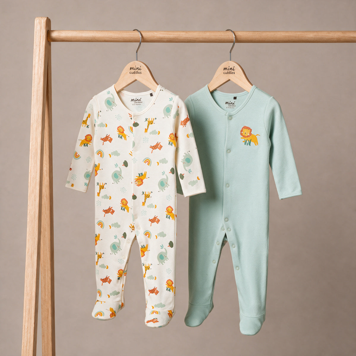Animal-Print Sleepsuits (White & Blue), 2 Pack
