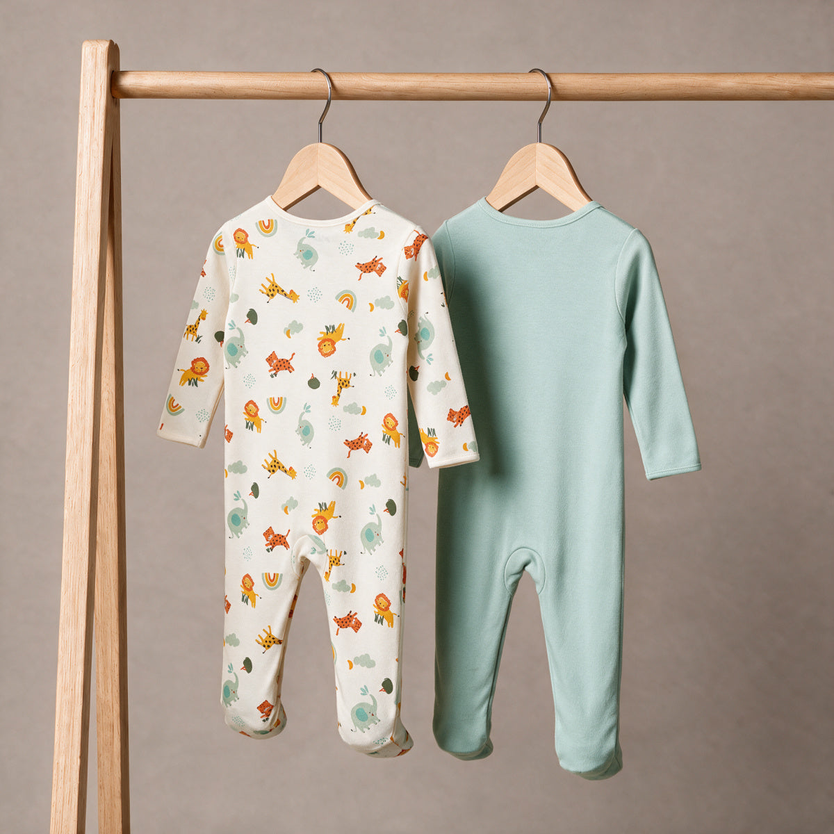 Animal-Print Sleepsuits (White & Blue), 2 Pack