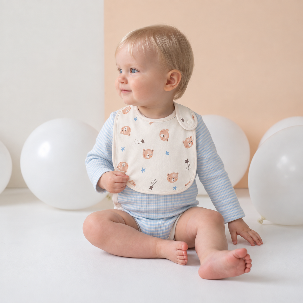 Teddy-Print Gift Set with Cradigan (White & Blue), 6-Piece