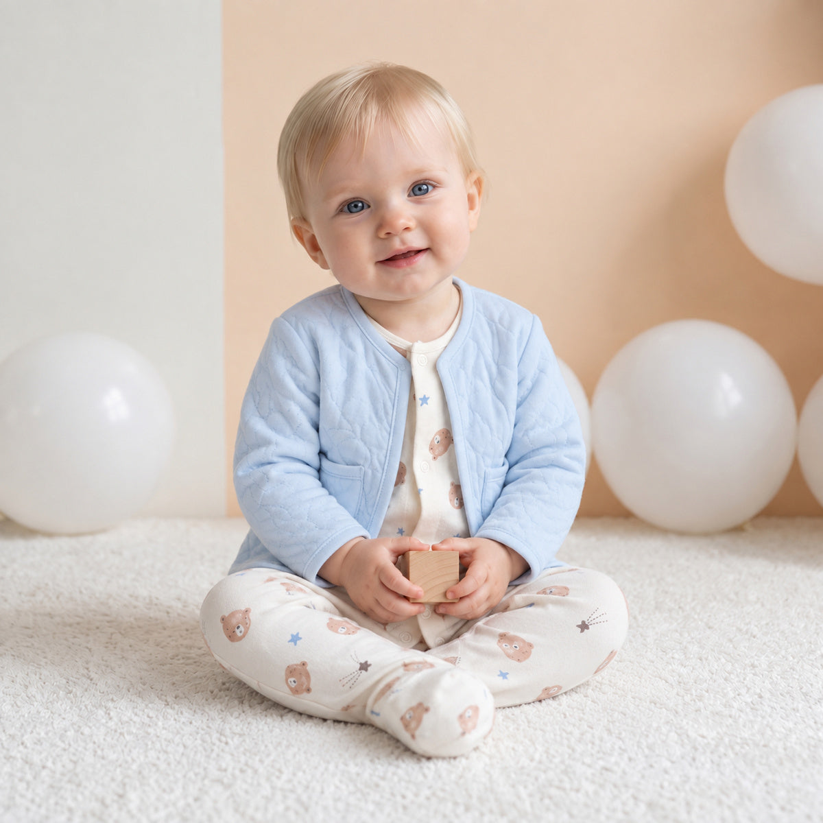 Teddy-Print Gift Set with Cradigan (White & Blue), 6-Piece