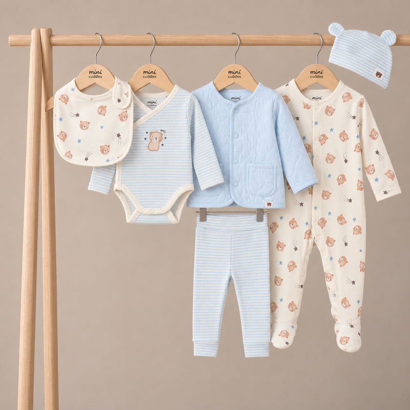 Teddy-Print Gift Set with Cradigan (White & Blue), 6-Piece