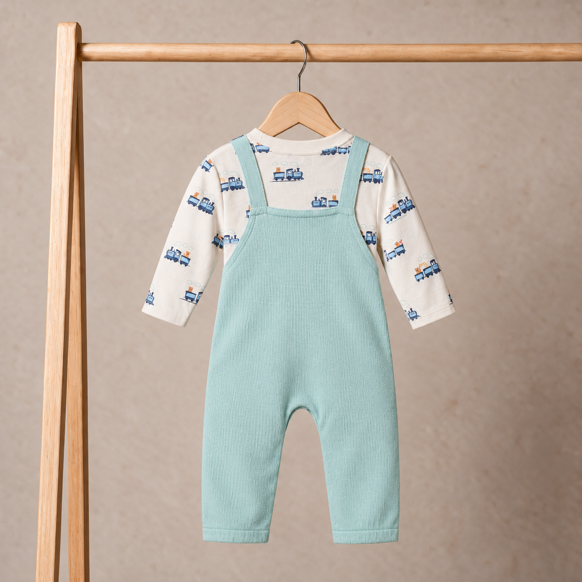 Baby Boys Knitted Dungaree 2pc Set, Turquoise Blue