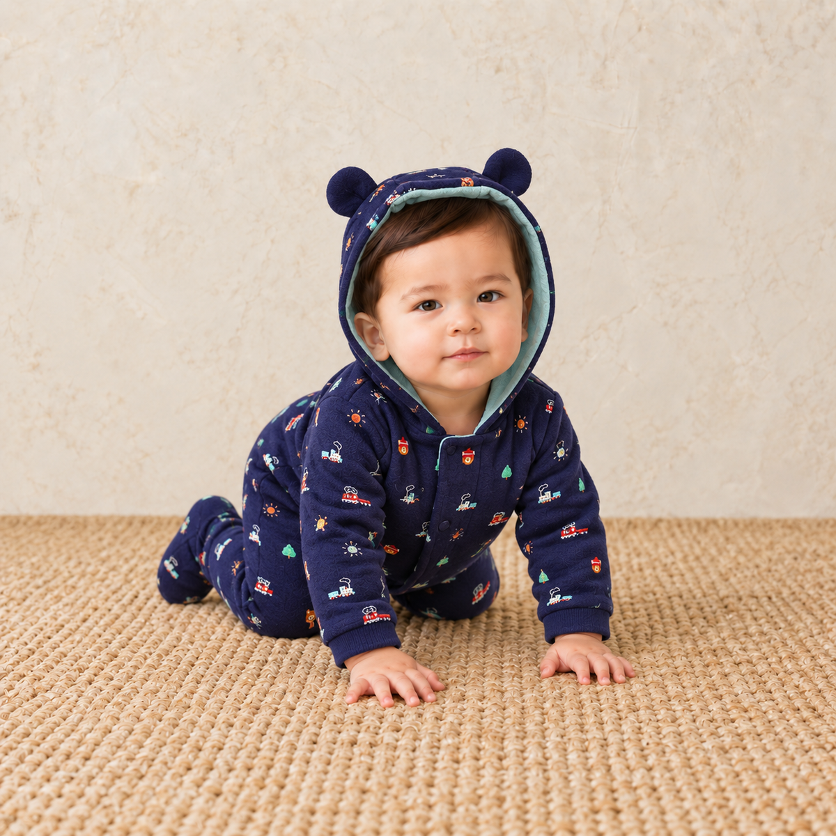 Baby Boys Novelty Printed Hooded Pram Suit, Navy Blue