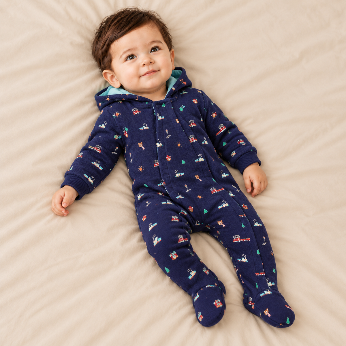Baby Boys Novelty Printed Hooded Pram Suit, Navy Blue