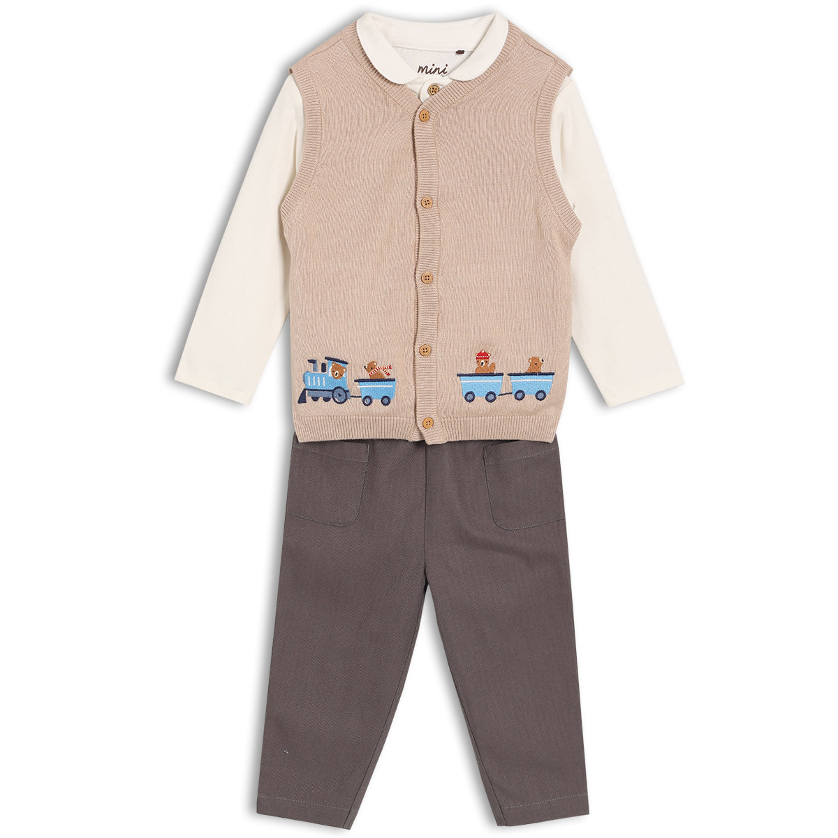 Baby Boys 3pc Set with Kintted Waistcoat, Multicolour