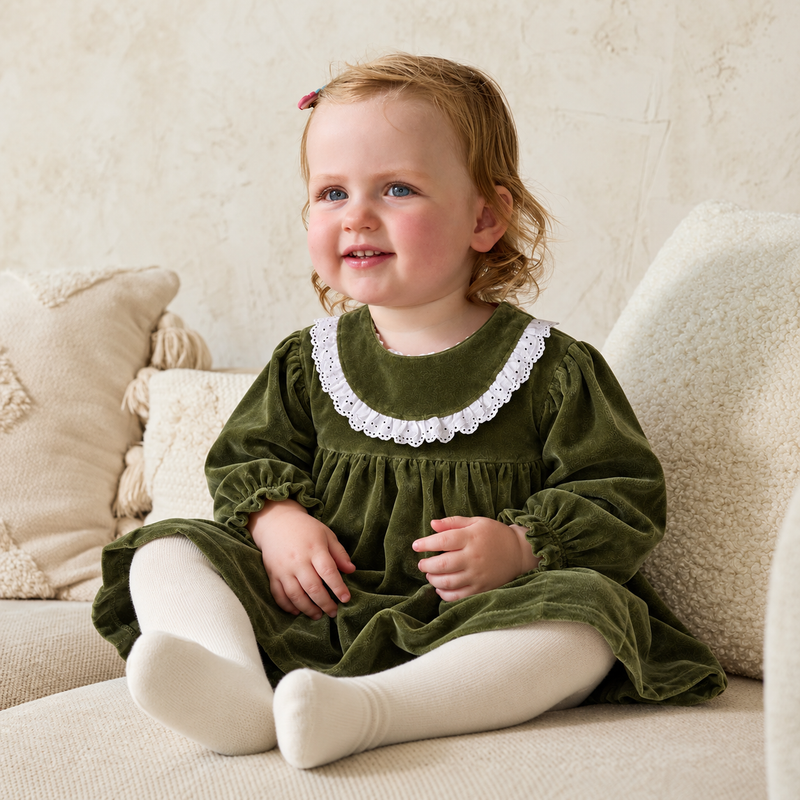 Baby Girls Velour Dress With Tights, Green