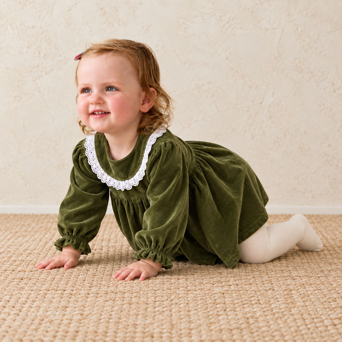 Baby Girls Velour Dress With Tights, Green