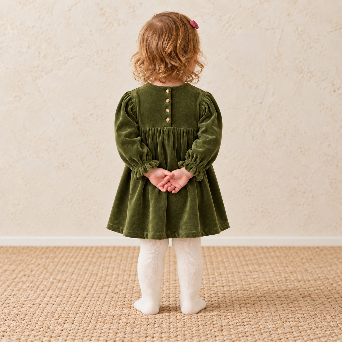 Baby Girls Velour Dress With Tights, Green