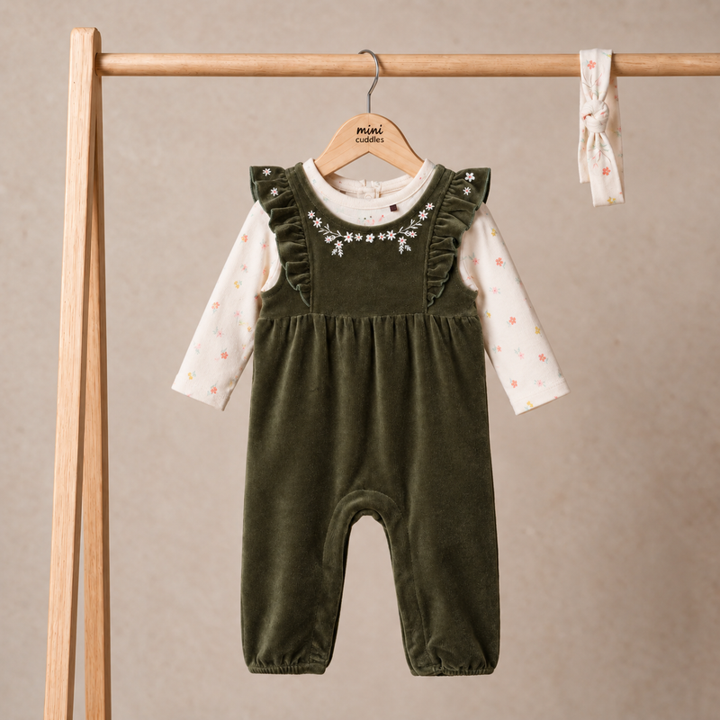Baby Girls Floral Embroidered Dungaree 3pc Set, Green