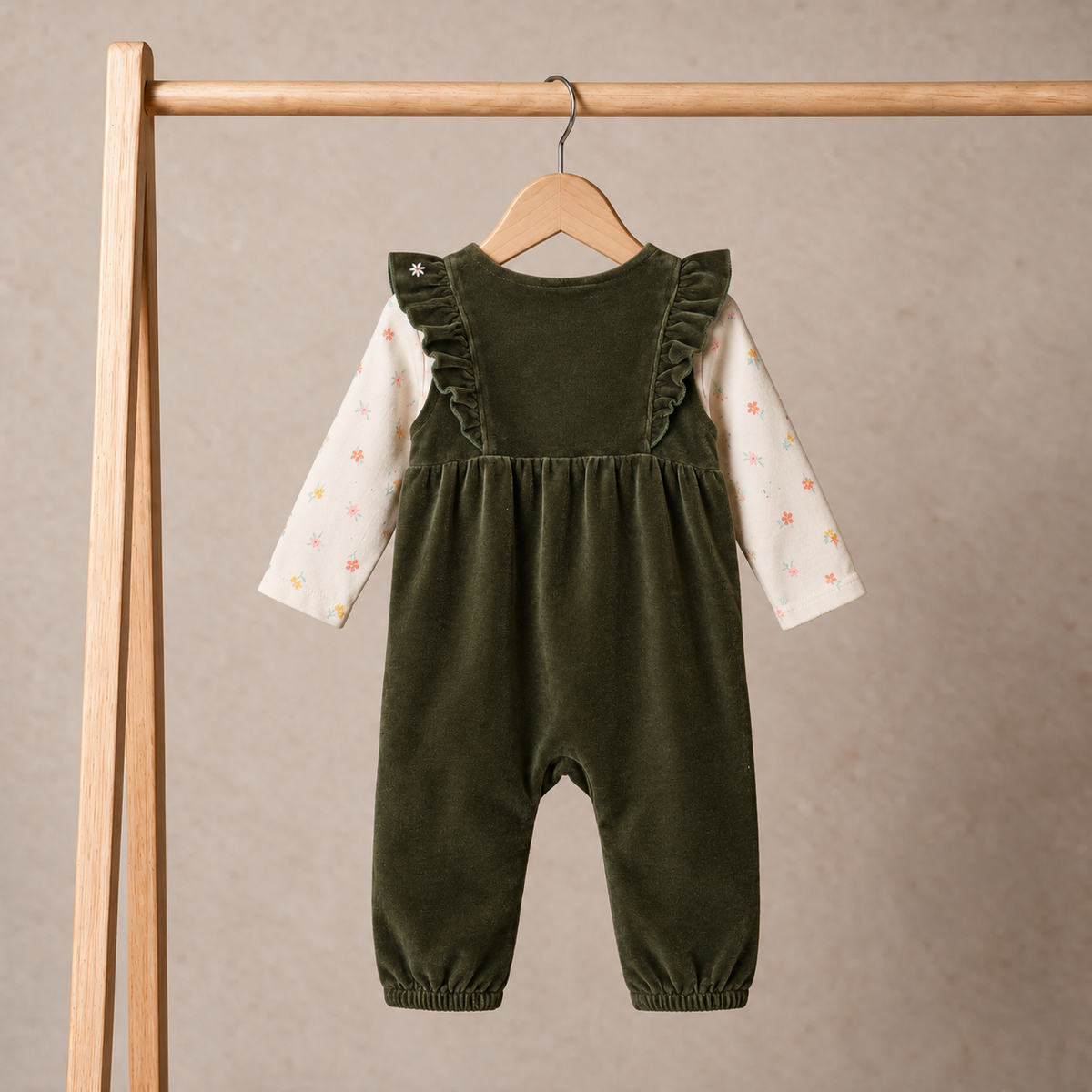 Baby Girls Floral Embroidered Dungaree 3pc Set, Green