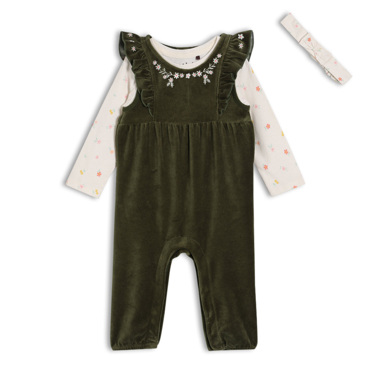 Baby Girls Floral Embroidered Dungaree 3pc Set, Green