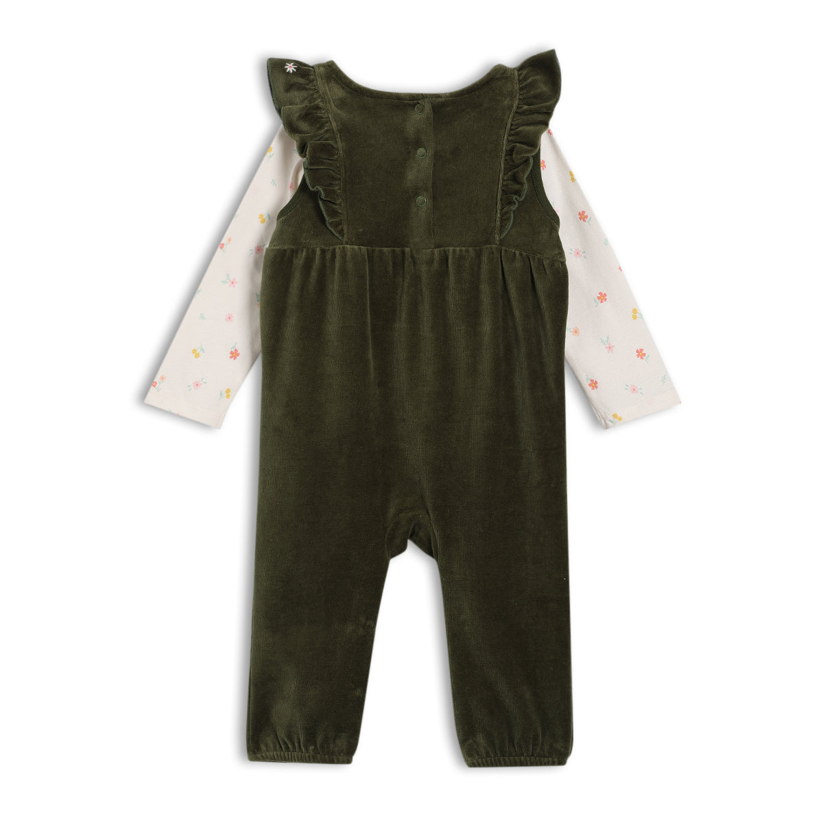 Baby Girls Floral Embroidered Dungaree 3pc Set, Green