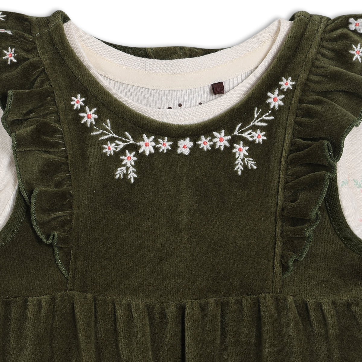 Baby Girls Floral Embroidered Dungaree 3pc Set, Green