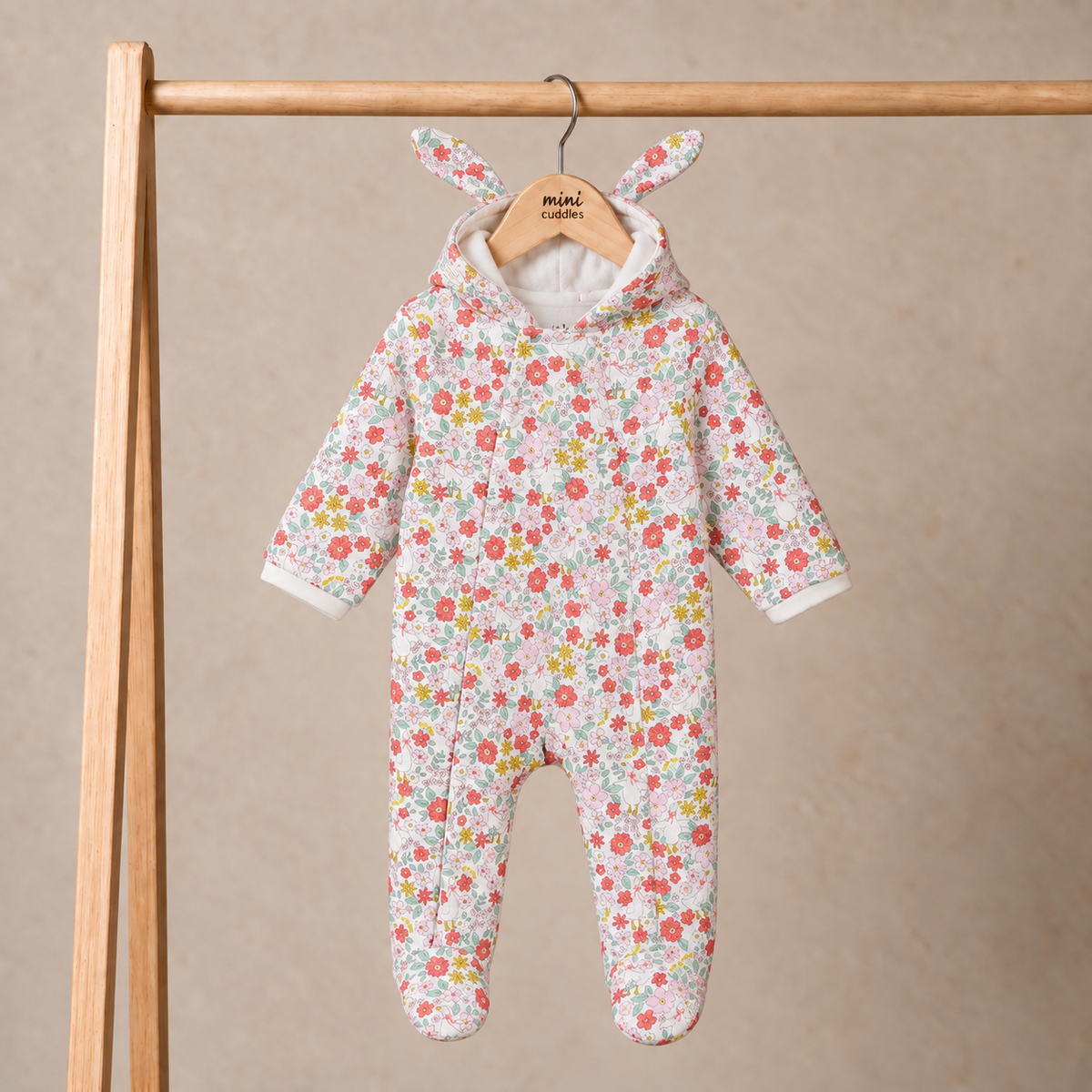 Baby Girls Floral Printed Hooded Pramsuit, Multicolour