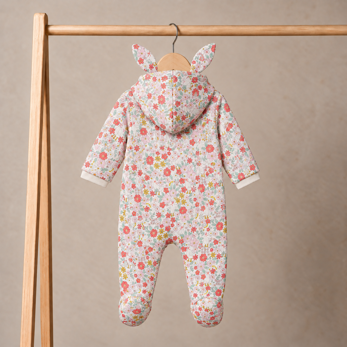 Baby Girls Floral Printed Hooded Pramsuit, Multicolour