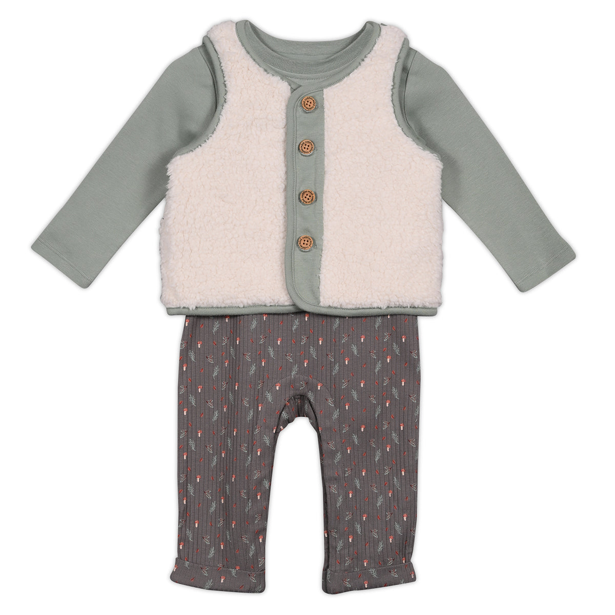 Baby Unisex Sprig Printed Dungaree 3pc Set, Multicolour