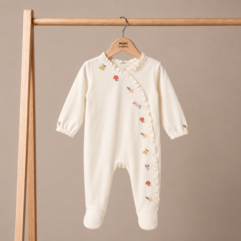 Velour Embroidered Sleepsuit & Toy (Cream)