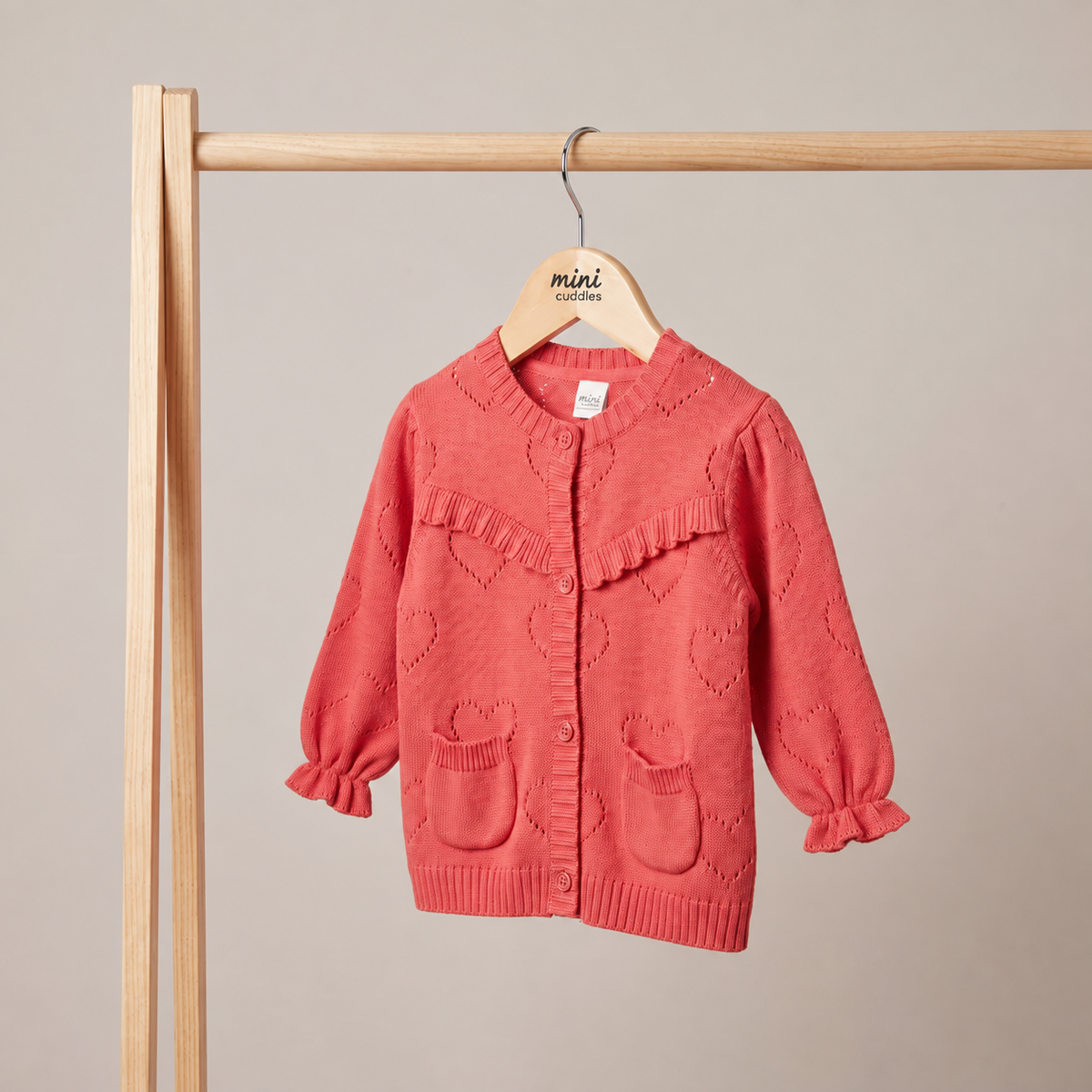 Baby Girls Heart Pointelle Ruffle Sweater, Coral Pink