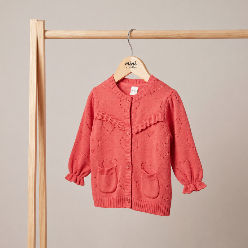 Baby Girls Heart Pointelle Ruffle Sweater, Coral Pink