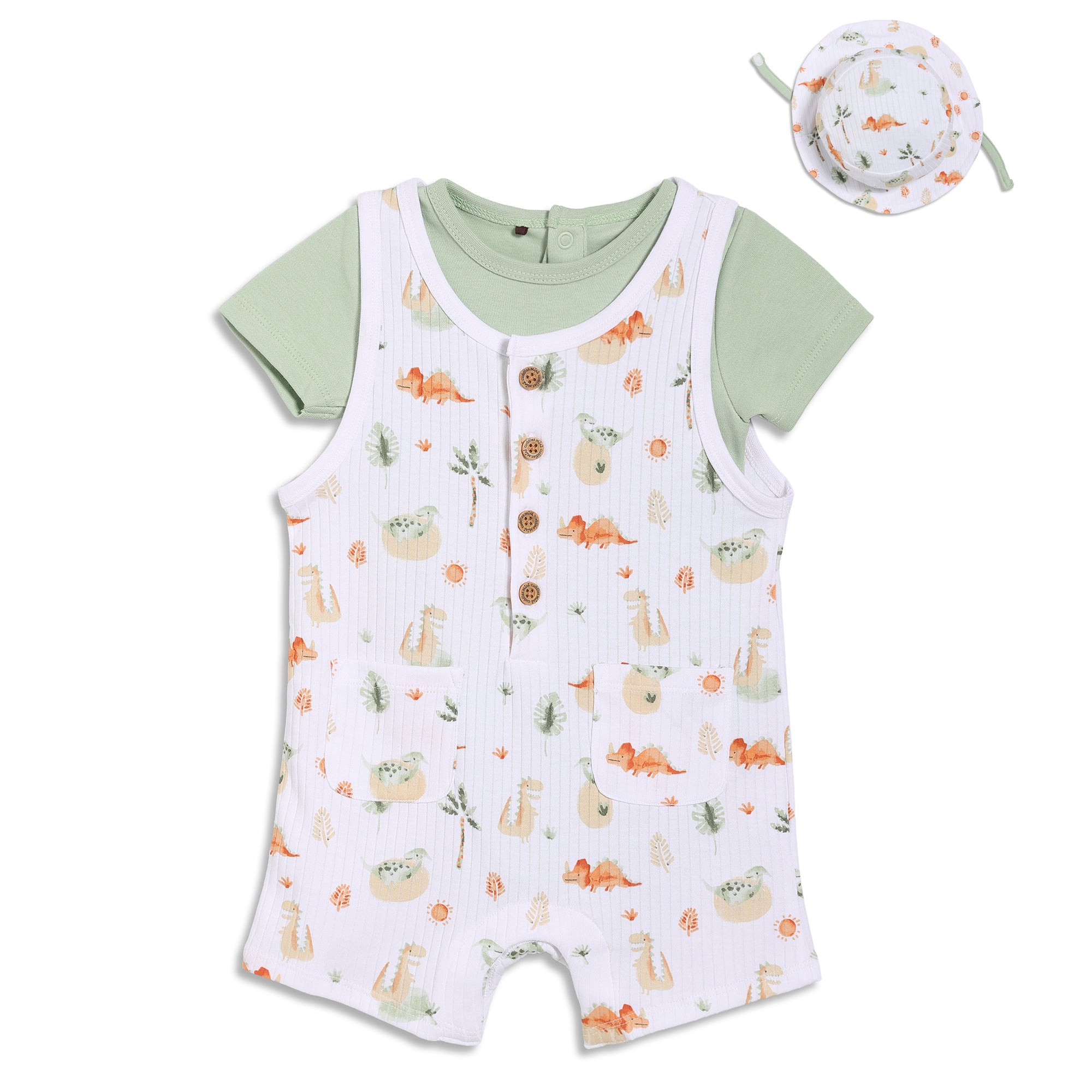 Baby Boys Dinosaur Printed Dungaree Set With Matching Cap, Multicolour