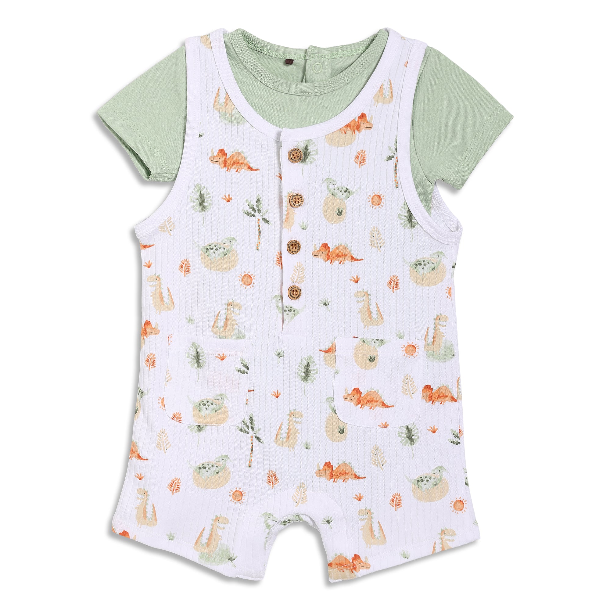 Baby Boys Dinosaur Printed Dungaree Set With Matching Cap, Multicolour