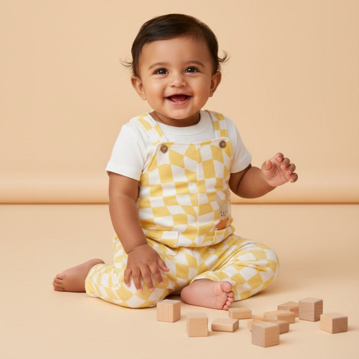 Baby Boys Checked Dungaree Set With Bunny Applique, Yellow