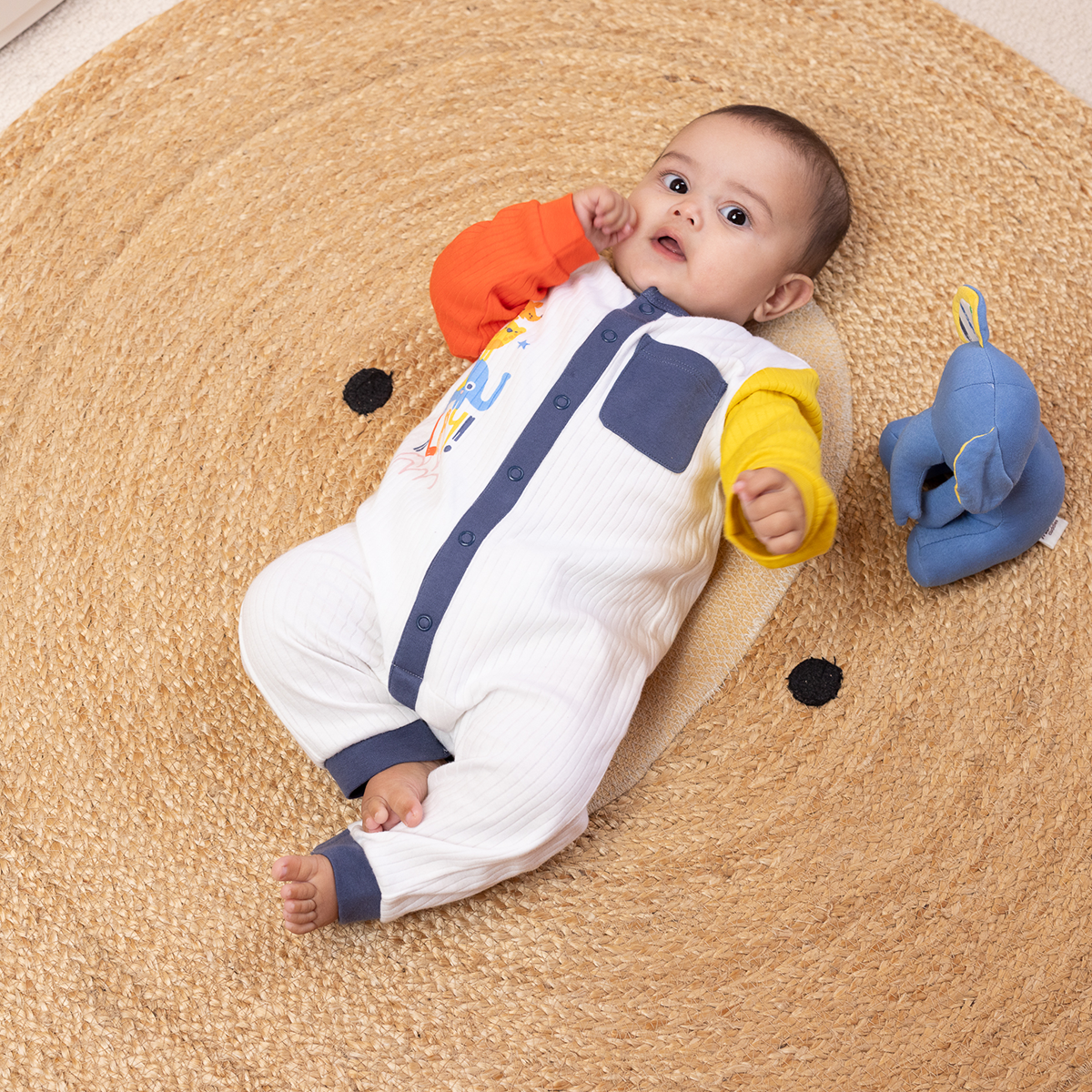 Baby Boys Play Printed Romper With Contrast Sleeves, Multicolour