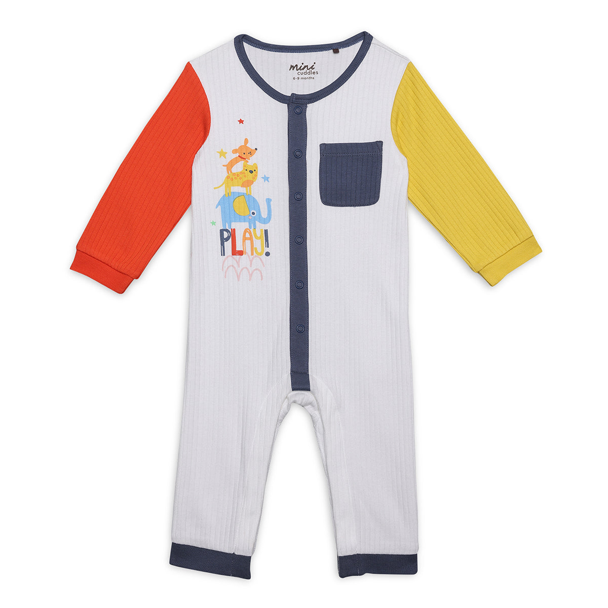Baby Boys Play Printed Romper With Contrast Sleeves, Multicolour