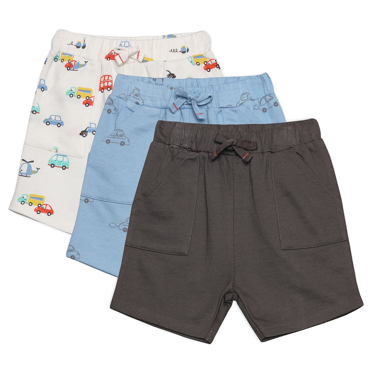 Baby Boys 3pk Vehicle Print And Solid Shorts, Multicolour