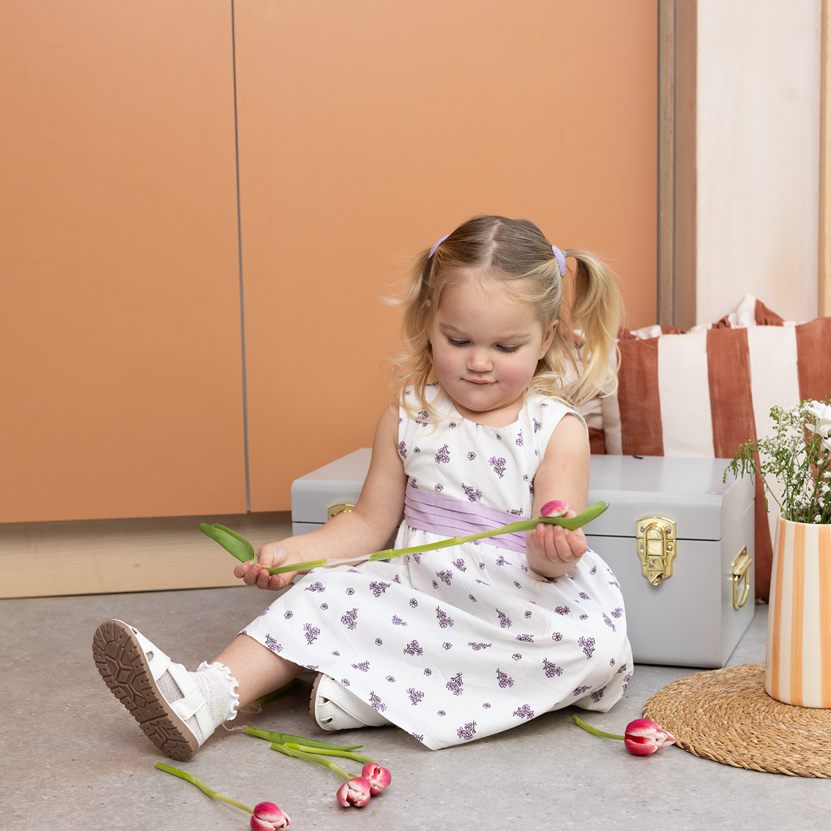 Baby Girls Printed Dress With Headband, White
