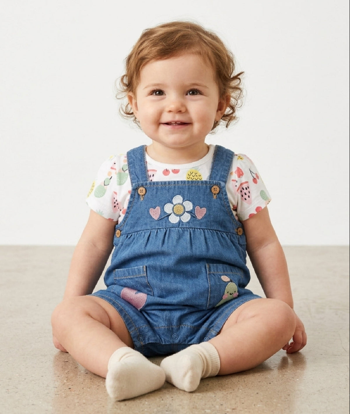 Baby Girls Fruit Print Dungaree 2pc Set , Multicolour