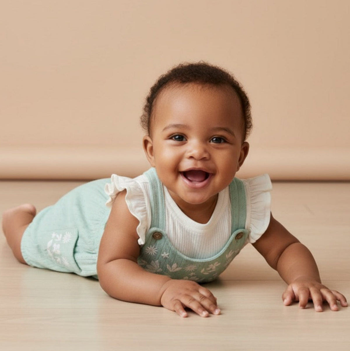 Baby Girls Floral Embroidered Dungaree Set, Mint Green