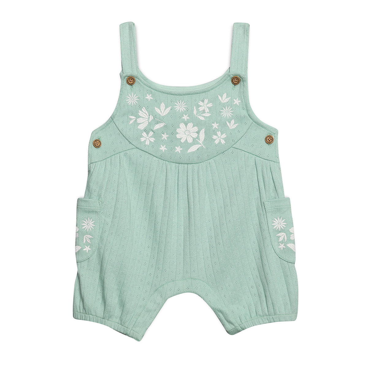Baby Girls Floral Embroidered Dungaree Set, Mint Green