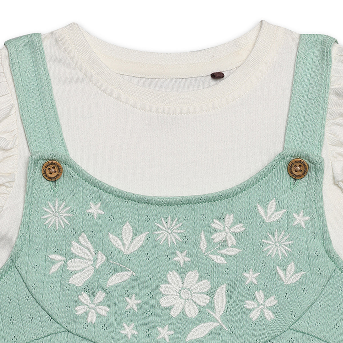 Baby Girls Floral Embroidered Dungaree Set, Mint Green