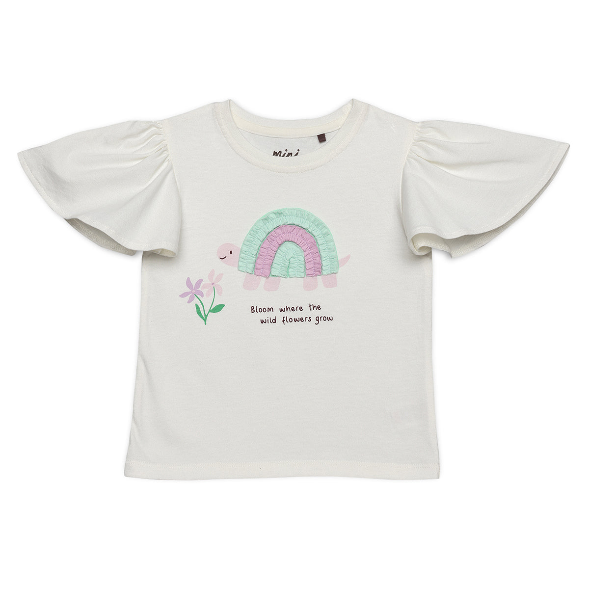 Baby Girls Turtle Applique Flared Sleeve Top, Off White